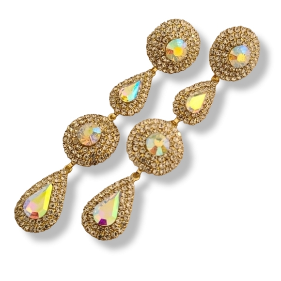 AURORA BOREALIS CZ Gold Teardrop Discs Statement Earrings Evening Wedding - Picture 7 of 12